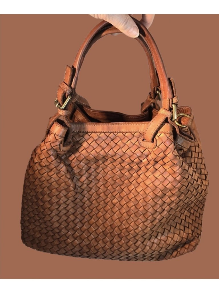 Brand New Genuine Woven Leather Women's Brown Handbag Made In Italy